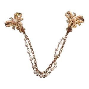 Mid Century 50’s Gold and Pearl Sweater Clip with Intricate Floral Clips, 8.5”